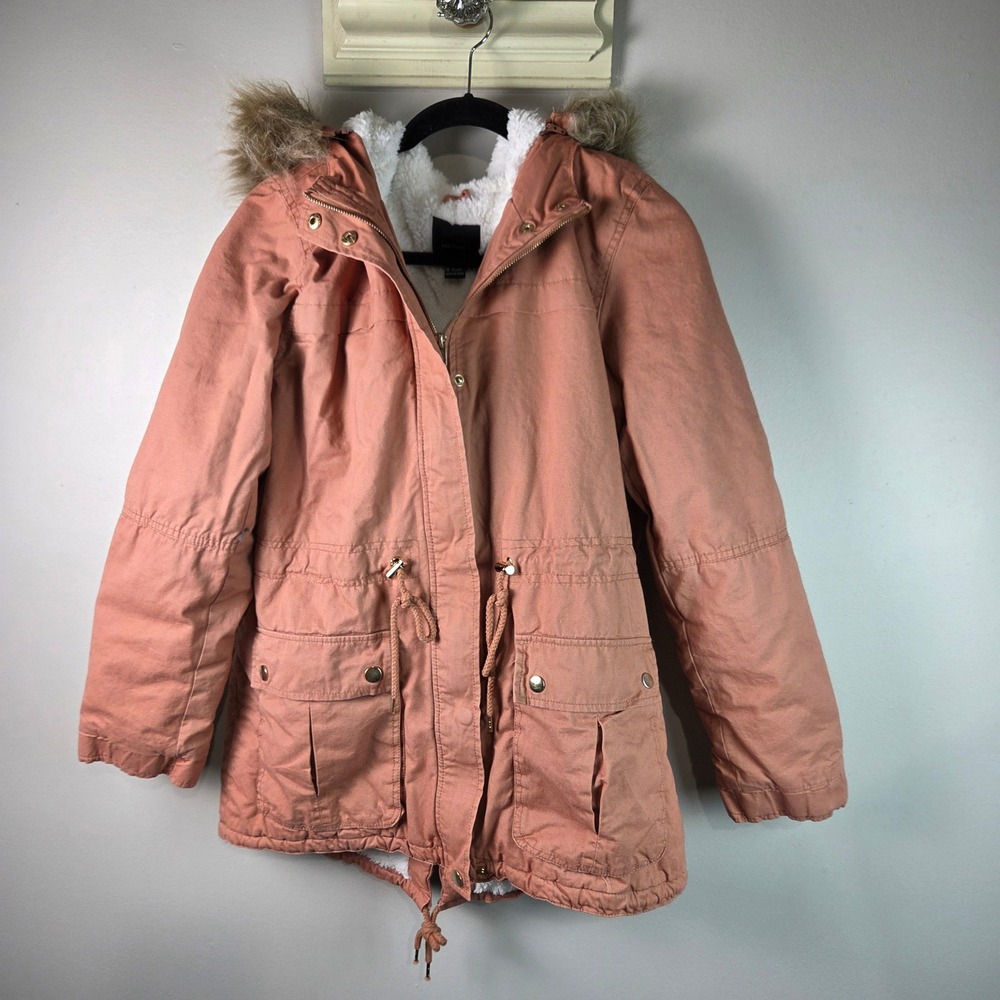 Forever 21 Parka Jacket Women L Rose Excellent Sherpa Faux Fur Hooded Anorak